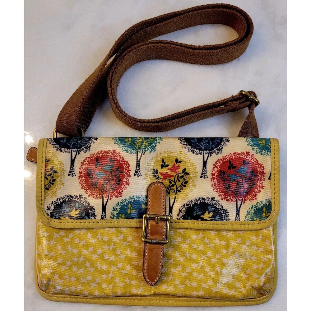 Fossil Coated Canvas Yellow Birds Trees Crossbody Purse Vintage
